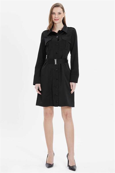 Belden Kemerli Dıştan Cep Önü Düğmeli Elbise  /  SİYAH