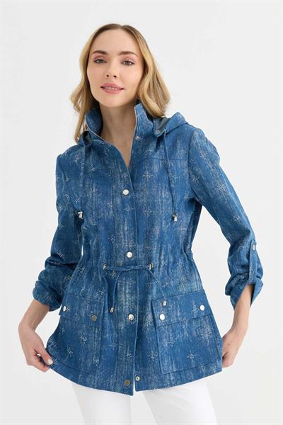 Beli Bağlamalı Kapüşonlu Taşlı Trençkot  /  İNDİGO