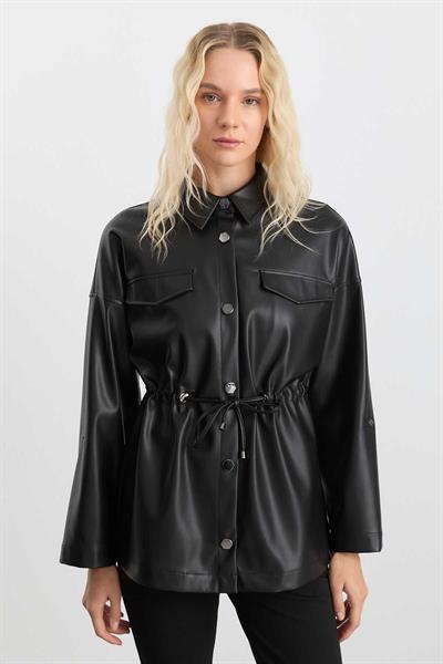 Beli Büzgülü Çıtçıtlı Deri Ceket  /  SİYAH