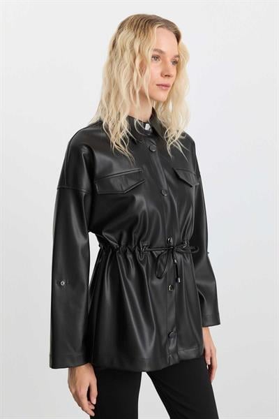 Beli Büzgülü Çıtçıtlı Deri Ceket  /  SİYAH