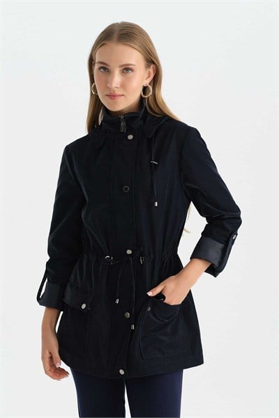 Beli Büzgülü Çıtçıtlı Trençkot  /  LACİVERT
