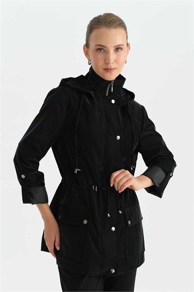Beli Büzgülü Çıtçıtlı Trençkot  /  SİYAH