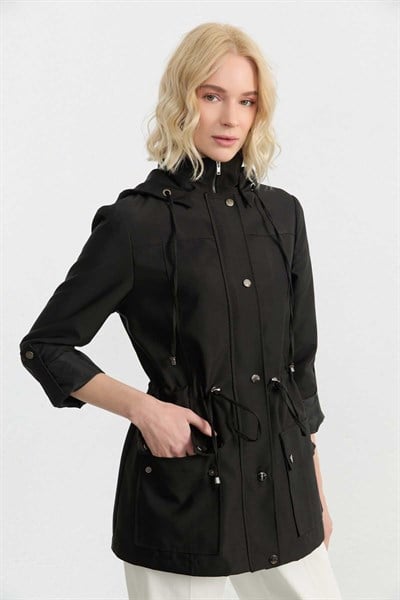 Beli Büzgülü Çıtçıtlı Trençkot  /  SİYAH