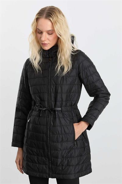 Beli Büzgülü Grogrenli Kapitone Uzun Mont  /  SİYAH