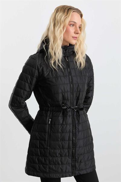 Beli Büzgülü Grogrenli Kapitone Uzun Mont  /  SİYAH