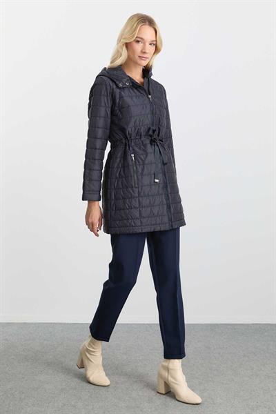 Beli Büzgülü Grogrenli Kapitone Uzun Mont  /  LACİVERT