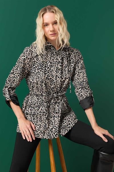 Beli Büzgülü Kapüşonlu Leopar Desen Trençkot  /  GRİ
