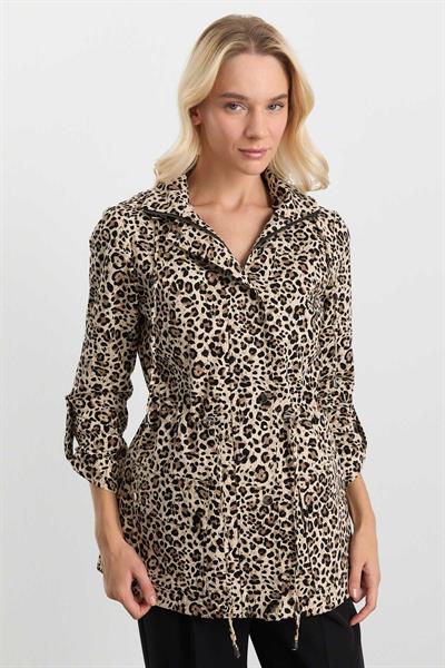 Beli Büzgülü Kapüşonlu Leopar Desen Trençkot  /  VİZON