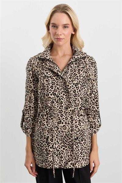 Beli Büzgülü Kapüşonlu Leopar Desen Trençkot  /  VİZON