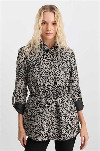 Beli Büzgülü Kapüşonlu Leopar Desen Trençkot  /  GRİ