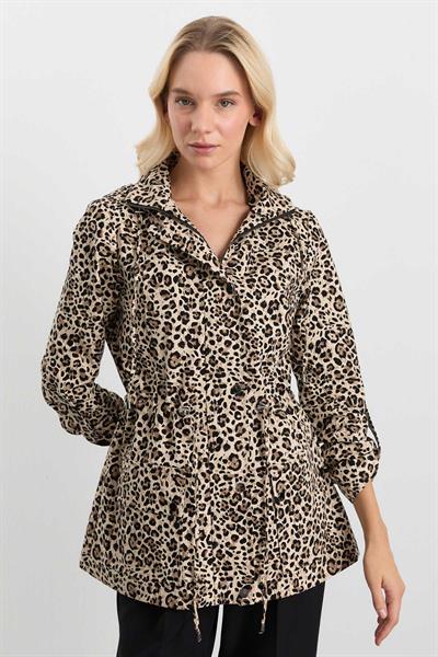 Beli Büzgülü Kapüşonlu Leopar Desen Trençkot  /  VİZON
