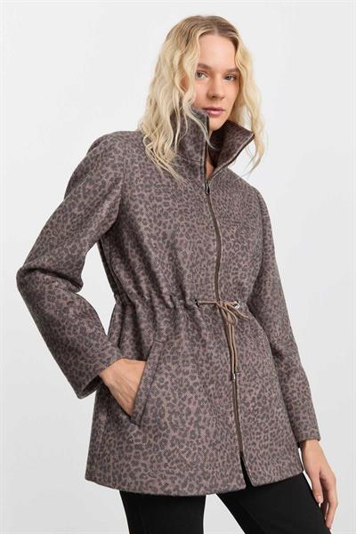 Beli Büzgülü Leopar Desen Kaban  /  KAHVE