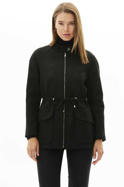 Beli Büzgülü Raglan Kol Dıştan Cep Süet Ceket  /  SİYAH