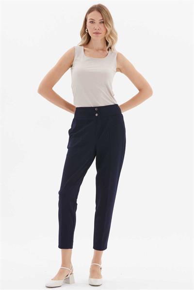 Beli Geniş Lastikli Süs Cep Dar Paça Pantolon  /  LACİVERT