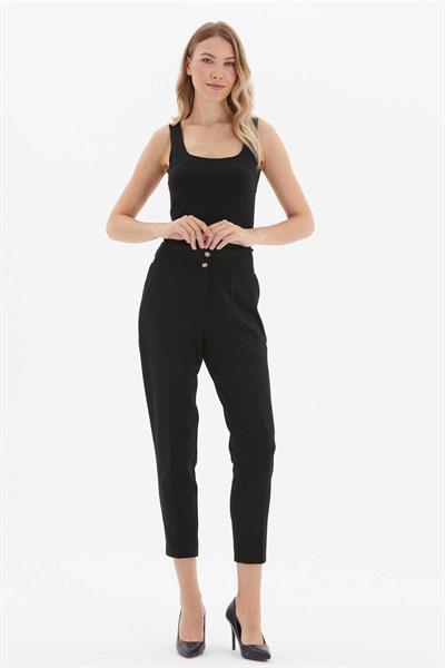 Beli Geniş Lastikli Süs Cep Dar Paça Pantolon  /  SİYAH