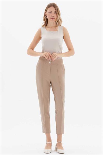 Beli Geniş Lastikli Süs Cep Dar Paça Pantolon  /  BEJ