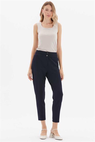 Beli Geniş Lastikli Süs Cep Dar Paça Pantolon  /  LACİVERT