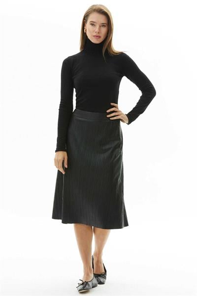 Beli Korsajlı Kendinden Kırışık Deri Etek  /  SİYAH