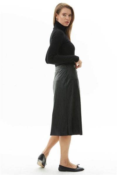 Beli Korsajlı Kendinden Kırışık Deri Etek  /  SİYAH