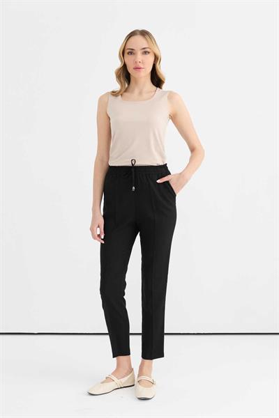 Beli Lastikli Bağlamalı Boru Paça Pantolon  /  SİYAH