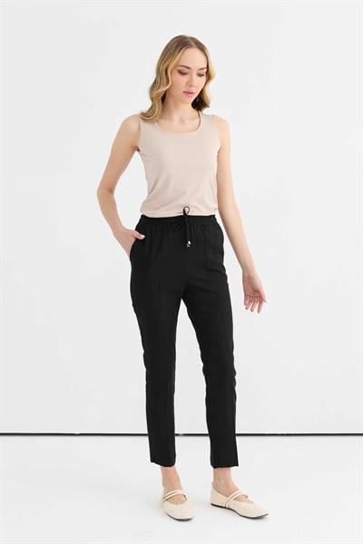 Beli Lastikli Bağlamalı Boru Paça Pantolon  /  SİYAH