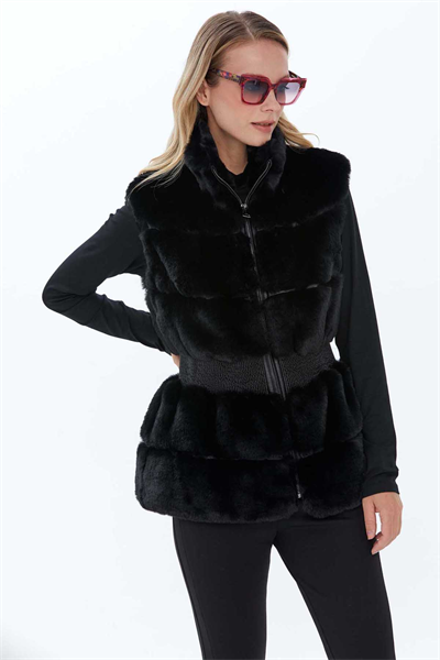 Beli Lastikli Dik Yaka Kürk Yelek  /  SİYAH