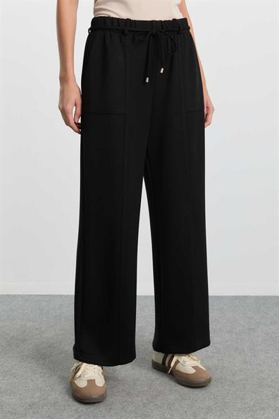 Beli Lastikli İnce Kemerli Bol Paça Örme Pantolon  /  SİYAH