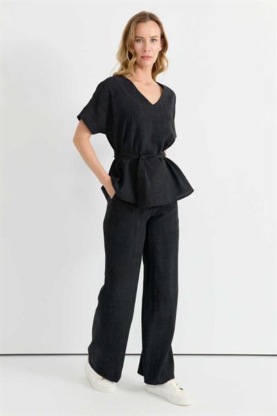Beli Lastikli Kendinden Desenli Bol Paça Pantolon  /  SİYAH