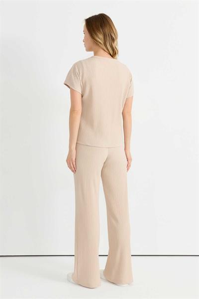 Beli Lastikli Kendinden Plise Pantolon  /  BEJ