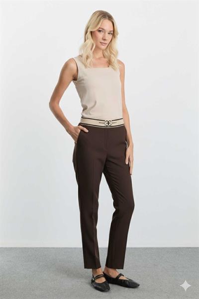 Beli Logolu Ön Paçası Duble Paça Örme Pantolon  /  KAHVE