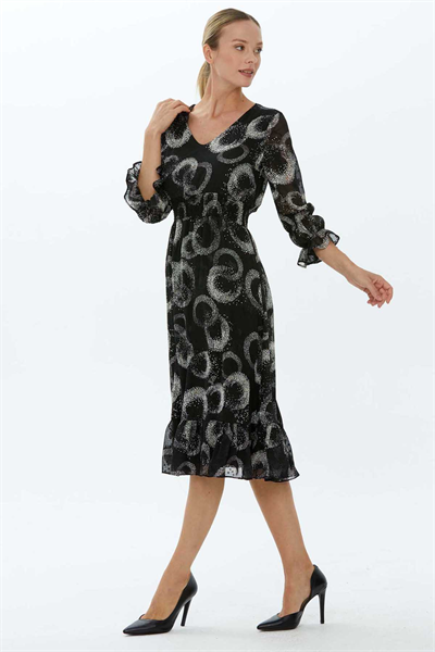 Beli ve Kolu Lastikli Daire Desenli Elbise  /  SİYAH