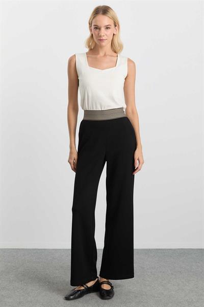 Bol Paça Lastiği Çizgili Örme Pantolon  /  SİYAH