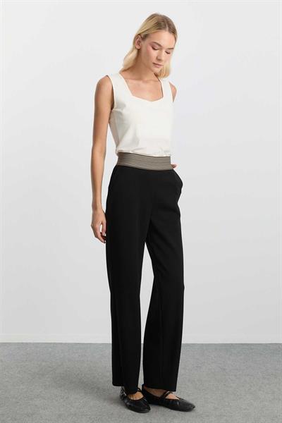 Bol Paça Lastiği Çizgili Örme Pantolon  /  SİYAH