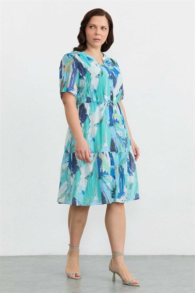 Büyük Beden Belden Bağlamalı Emprime Elbise  /  MAVİ