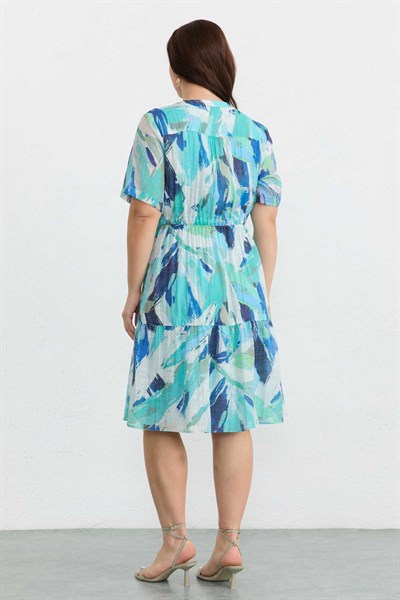 Büyük Beden Belden Bağlamalı Emprime Elbise  /  MAVİ