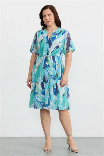 Büyük Beden Belden Bağlamalı Emprime Elbise  /  MAVİ