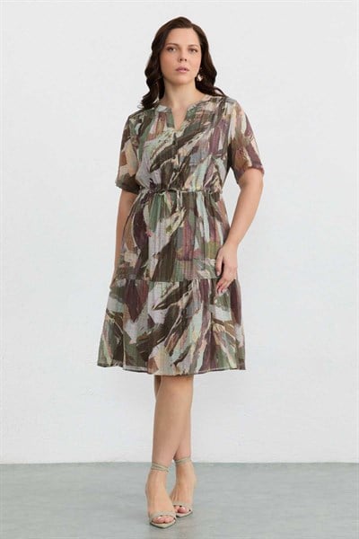 Büyük Beden Belden Bağlamalı Emprime Elbise  /  HAKİ