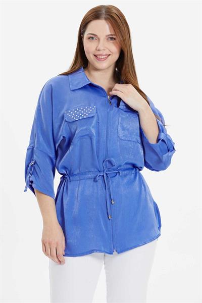 Büyük Beden Beli Büzgülü Cebi Taşlı Bluz  /  MAVİ