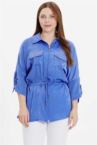 Büyük Beden Beli Büzgülü Cebi Taşlı Bluz  /  MAVİ