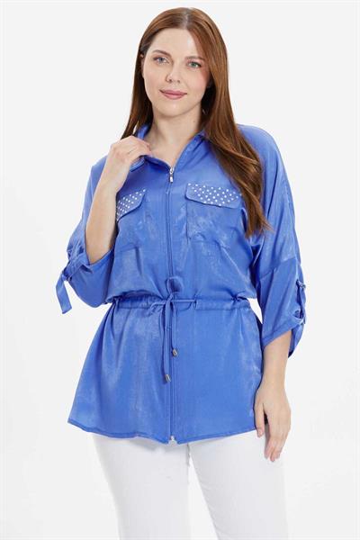 Büyük Beden Beli Büzgülü Cebi Taşlı Bluz  /  MAVİ