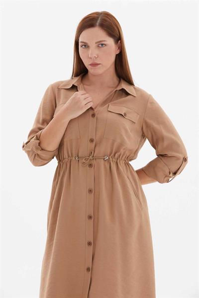 Büyük Beden Beli Büzgülü Dıştan Cep Gömlek Elbise  /  CAMEL
