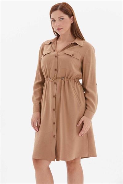 Büyük Beden Beli Büzgülü Dıştan Cep Gömlek Elbise  /  CAMEL