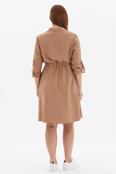Büyük Beden Beli Büzgülü Dıştan Cep Gömlek Elbise  /  CAMEL