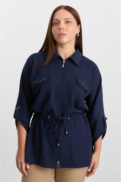 Büyük Beden Beli Büzgülü Düşük Kol Cebi Taşlı Bluz  /  LACİVERT