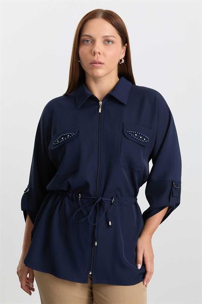 Büyük Beden Beli Büzgülü Düşük Kol Cebi Taşlı Bluz  /  LACİVERT