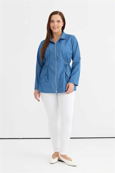 Büyük Beden Beli Büzgülü Kapak Cep Çizgili Ceket  /  İNDİGO