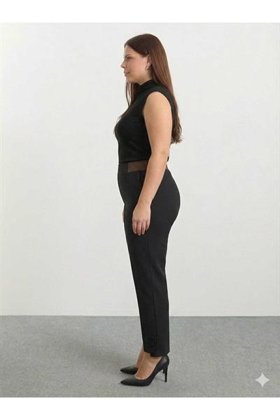 Büyük Beden Beli Çizgili Lastikli Örme Pantolon  /  SİYAH