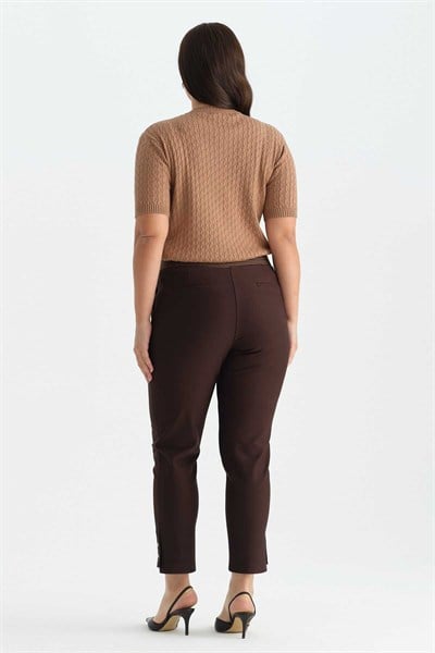 Büyük Beden Beli Çizgili Lastikli Örme Pantolon  /  KAHVE