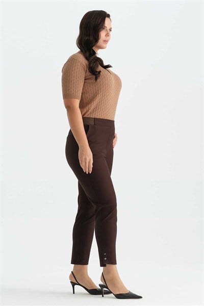 Büyük Beden Beli Çizgili Lastikli Örme Pantolon  /  KAHVE