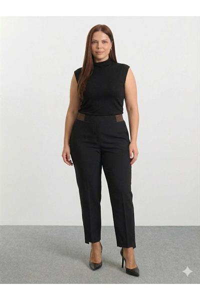 Büyük Beden Beli Çizgili Lastikli Örme Pantolon  /  SİYAH